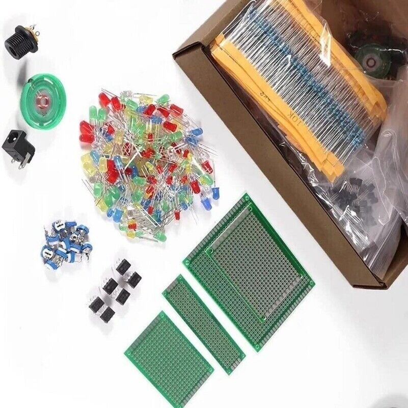 Electronic Component Kit Assortment Capacitors LEDs Transistors Resistors DC PCB