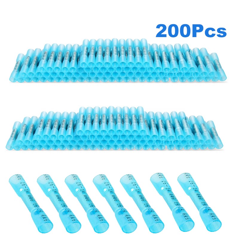 16-14AWG Waterproof Heat Shrink Butt Wire Connectors Blue Crimp Splice Terminals