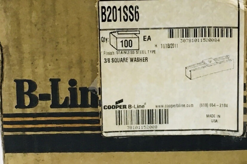 COOPER B-LINE B201SS6 QTY 100 SQUARE WASHER 3/8″ 316 STAINLESS STEEL