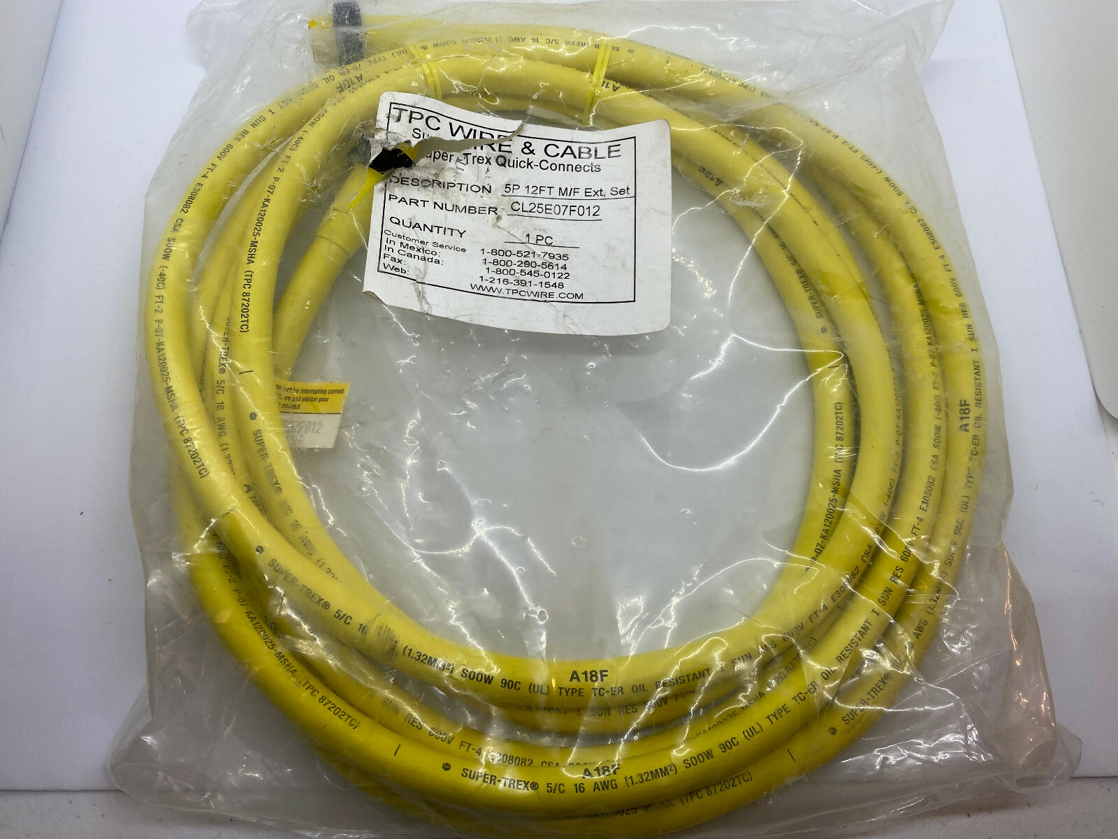 TPC WIRE & CABLE CL25E07F012 16 AWG, 5 POLE, CORDSET