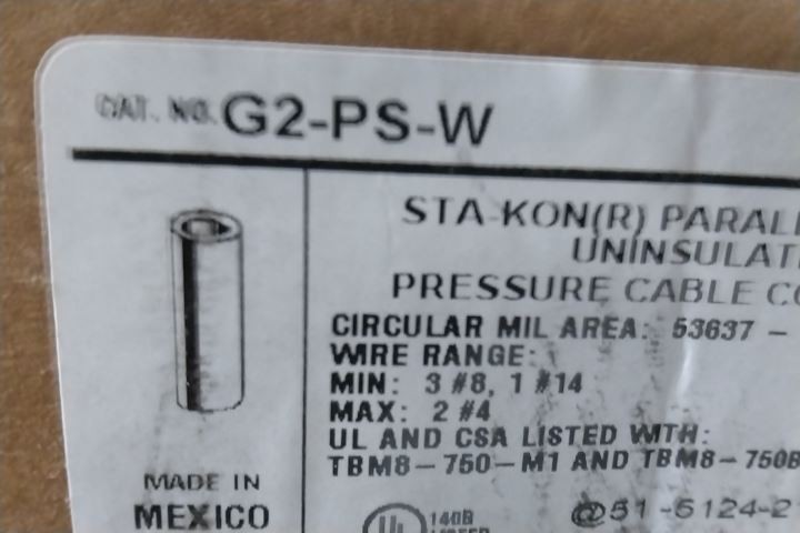 Thomas and Betts G2-PS-W 250 Pk 2 AWG Conductor Size Sta-Kon Splice Connector