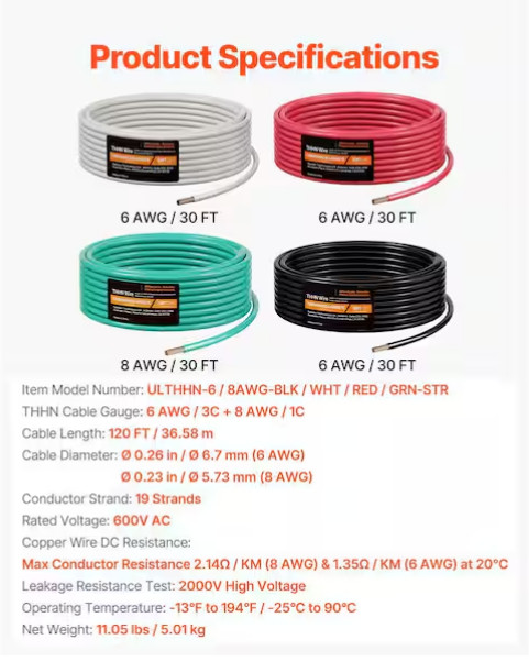 30′ EA THHN THWN 6 AWG GAUGE BLACK WHITE RED COPPER WIRE + 30 8 AWG GREEN