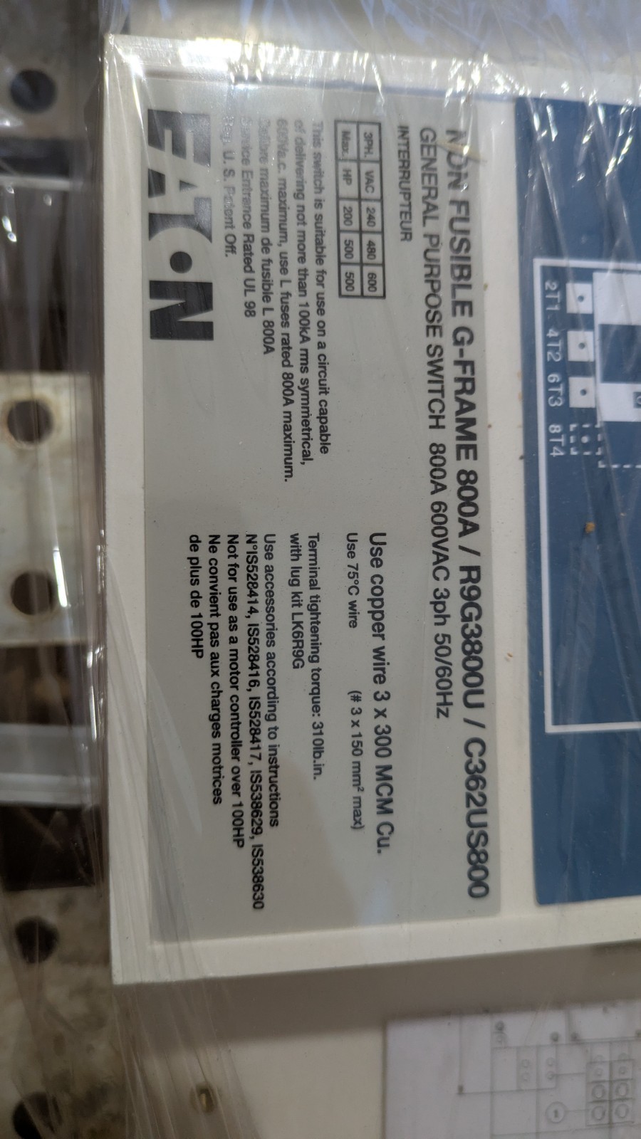 EATON Cutler-Hammer YC362US800 800A 3 pole R9G3800U NON FUSIBLE G-FRAME 800A