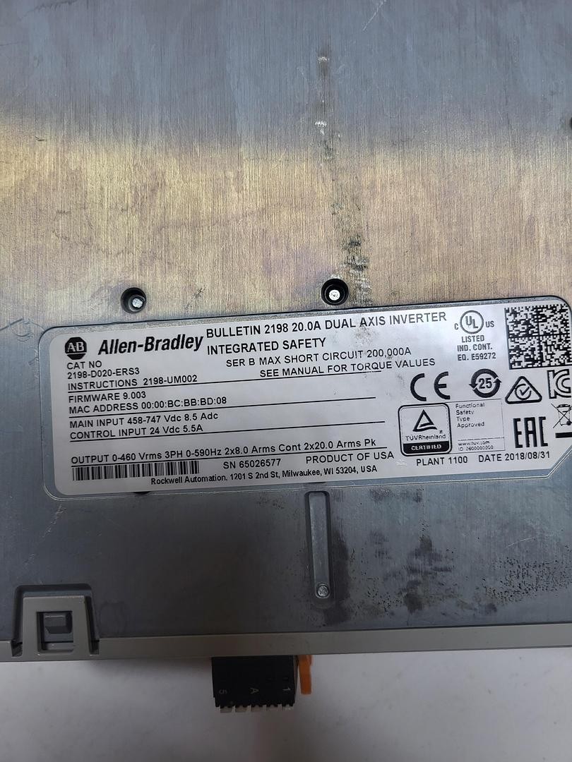 Allen-Bradley Bulletin 2198 20.0A Dual Axis Inverter 2198-D020-ER53 Ser.B