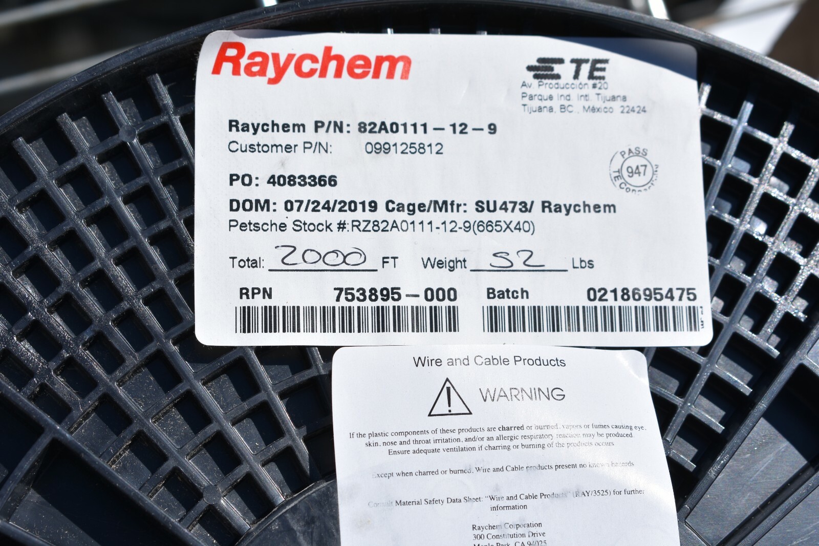 RAYCHEM 82A0111-12-9 Cable 12 AWG 1 CON TIN Plated Copper 600V. Mil Spec 2000FT
