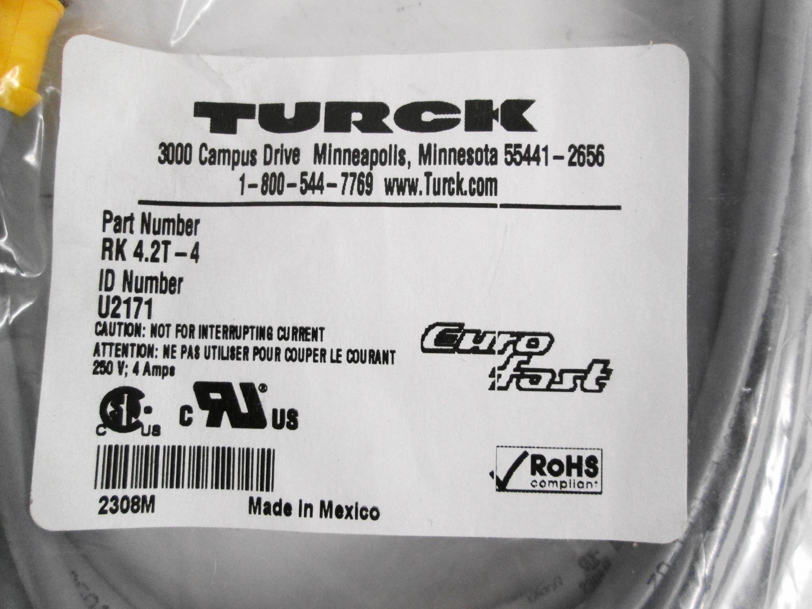 Turck RK 4.2T-4 U2171 Eurofast M12 2-Wire Cordset 4-pin 4m (Lot of 2)