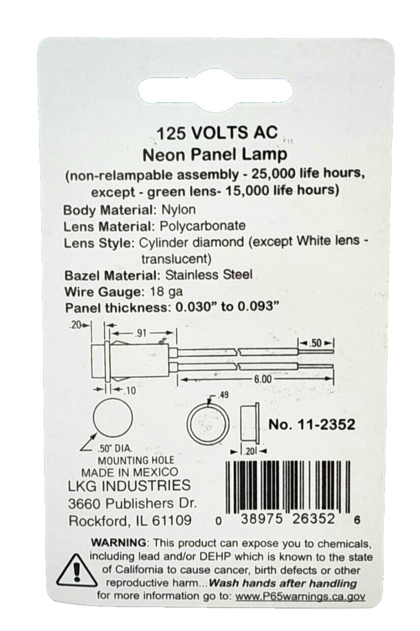 (1x) 120V / 125VAC – 1/2″ Amber Neon Panel Mount Indicator – 11-2352 – Drake L4B