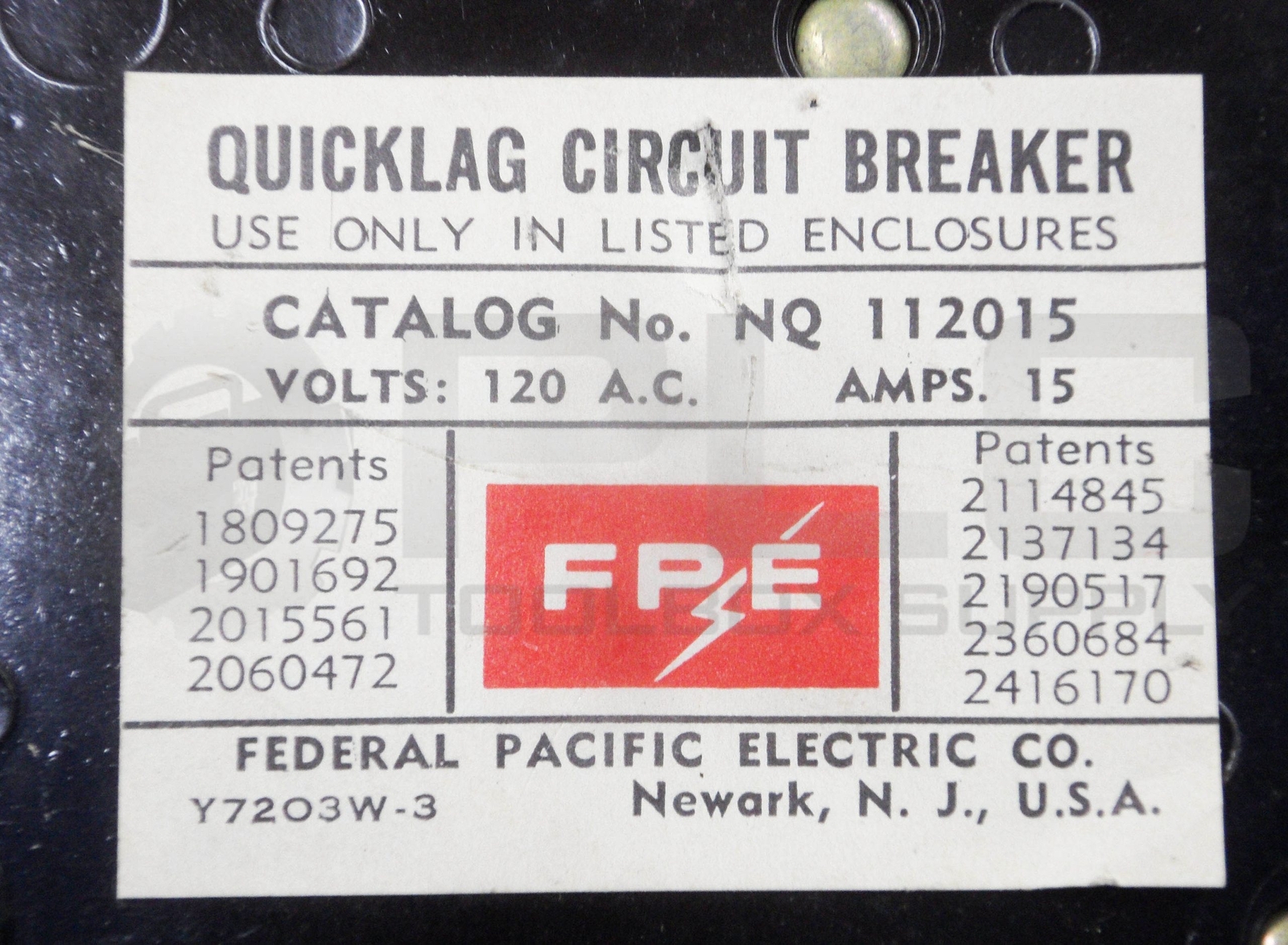 FEDERAL PACIFIC ELECTRIC CO NQ112015 QUICKLAG CIRCUIT BREAKER 15 AMP 120VAC