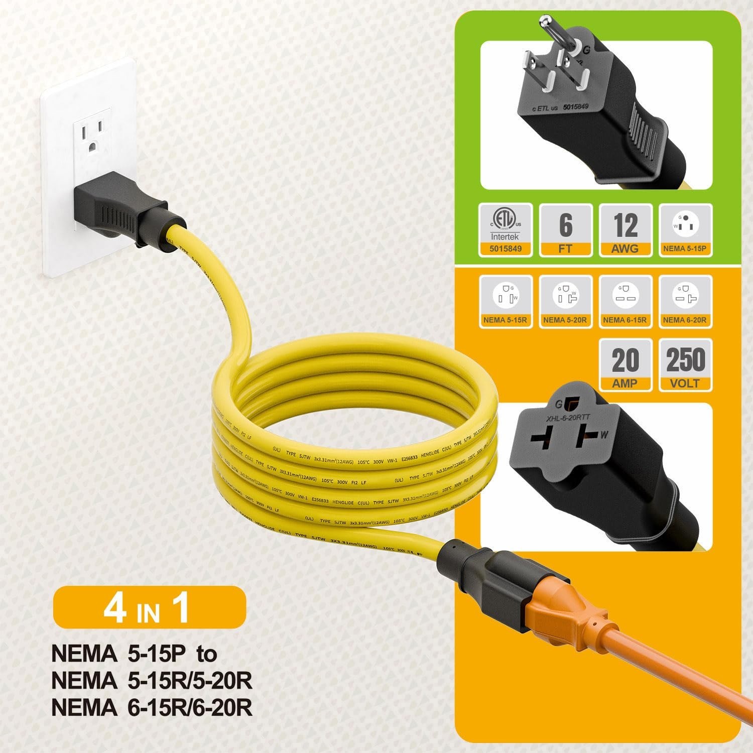[6-Feet] 12AWG 15 Amp Household AC Plug to 20 Amp T Blade Adapter Cable, 5-15…