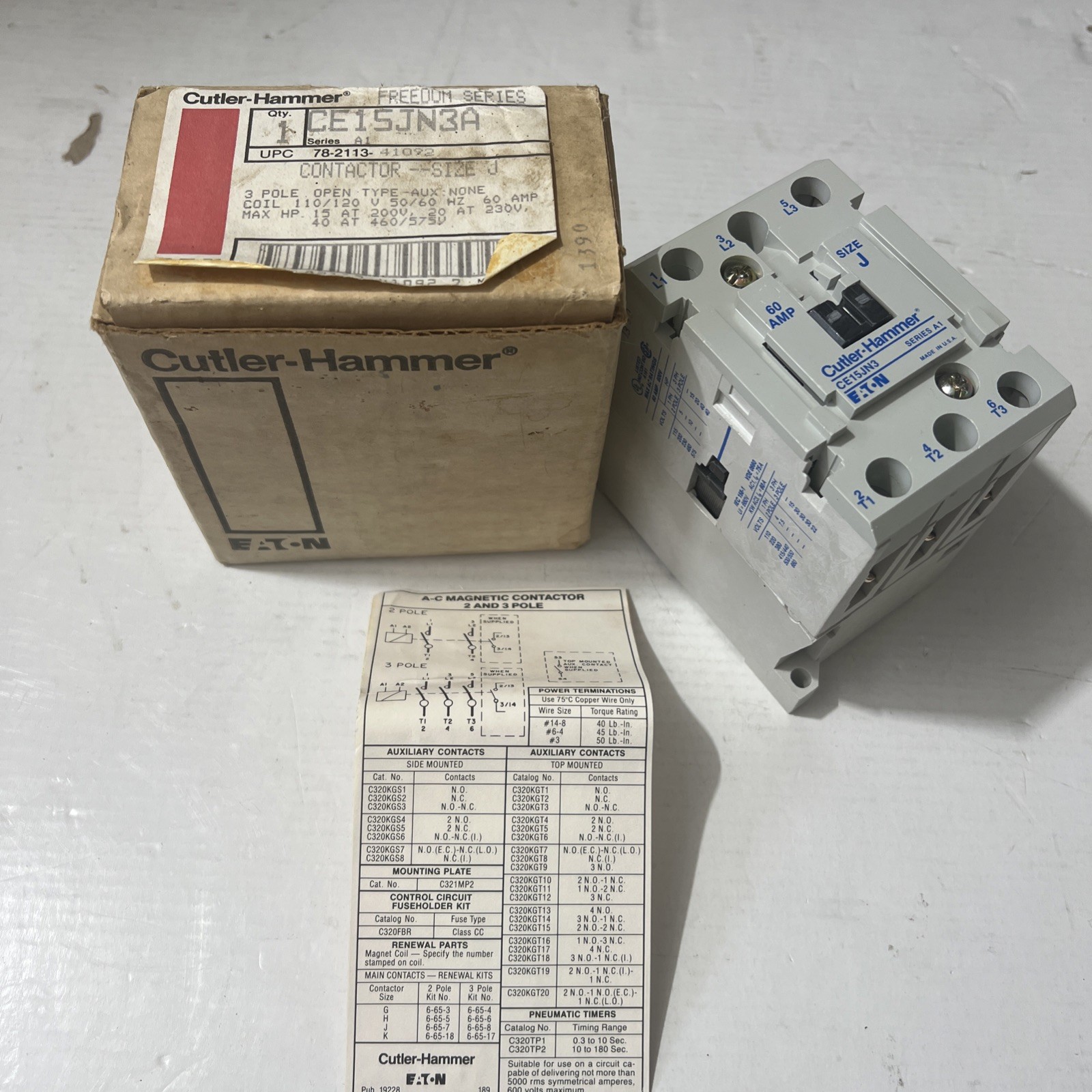 EATON Cutler Hammer CE15JN3 Contactor 60A 3P Coil 110/120V 50/60Hz