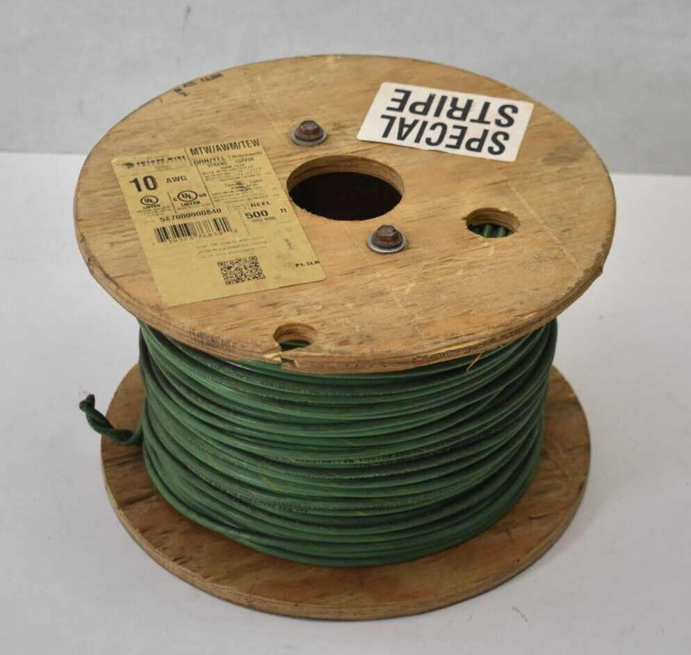 Encore Wire 10 AWG GRN/Yel Strand Copper 500′ Spool 1230 AWM 600V MTW/AWM/TEW