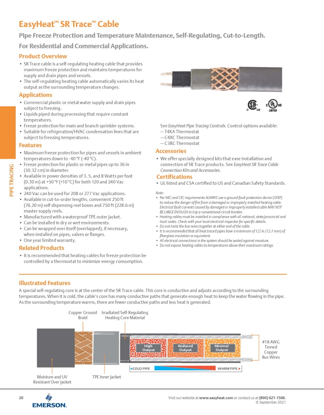 EasyHeat SR52J Self-Regulating Pipe/Freeze Heating Cable 5 Watts/Ft 240V /10ft