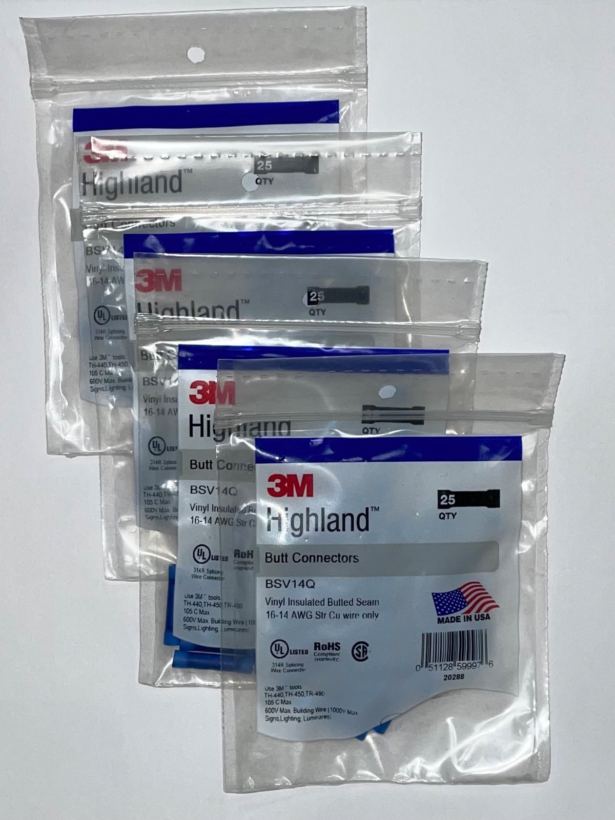 4 BAGS (100 pieces) 3M Highland BSV14Q Vinyl Insulated Butt Connectors 16-14 AWG