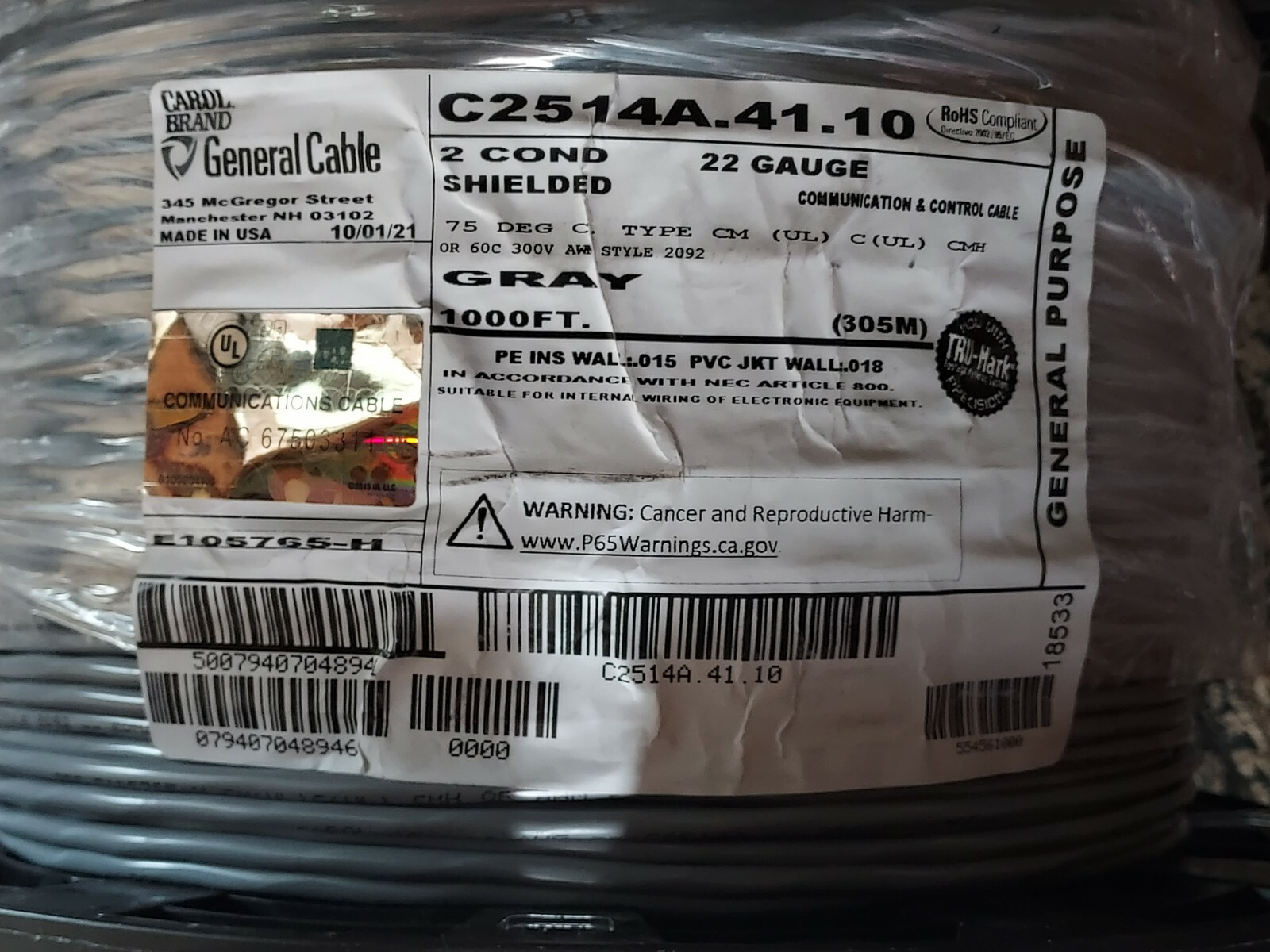 General Cable Carol C2831A.41.10 3C/18 UNSH CM CBL. 1,000 Ft. Roll, NEW