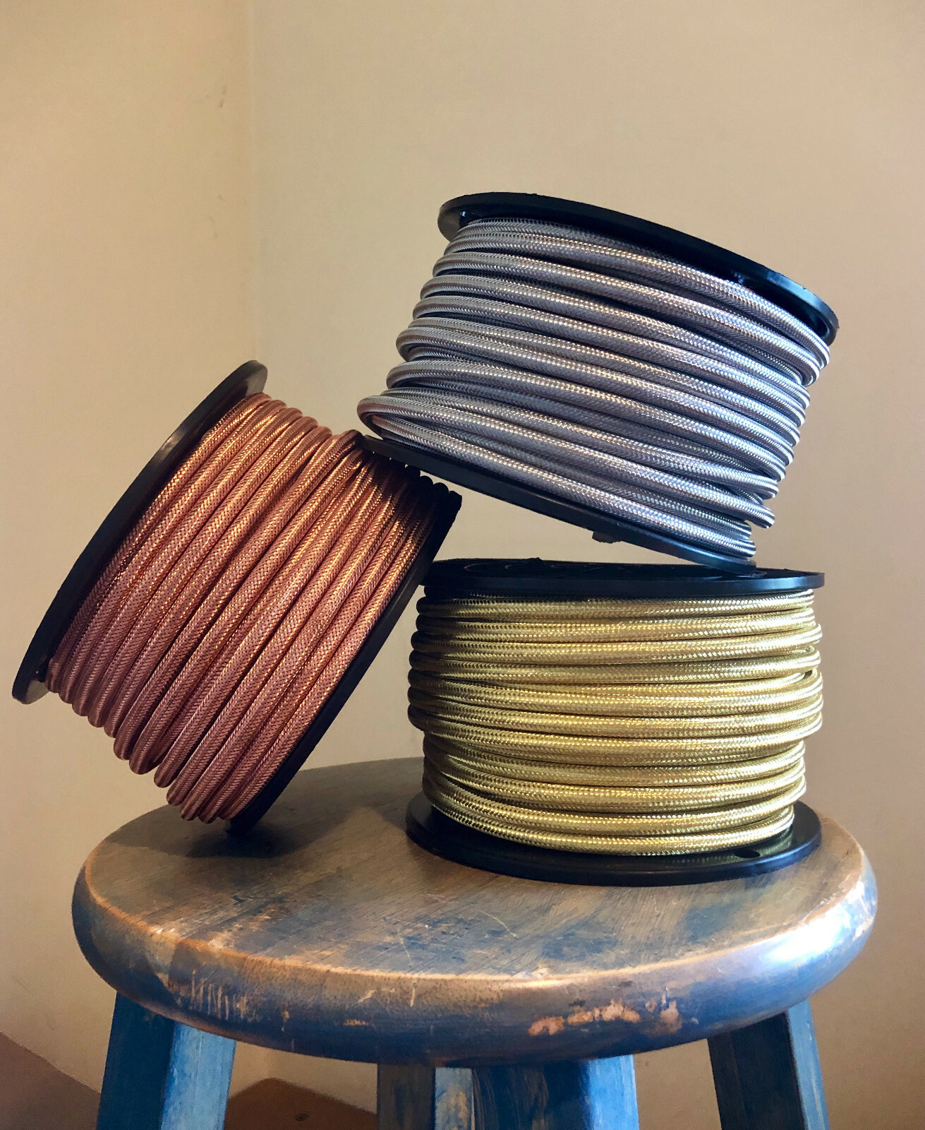 Copper Metal Covered Cord- Round 3wire Metal Braided Cable, Mesh Jack – Per Foot
