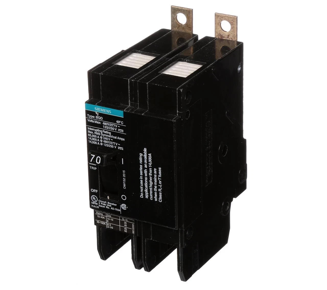 USED BQD270 Siemens Circuit Breaker 70A 480V 2P BOLT ON