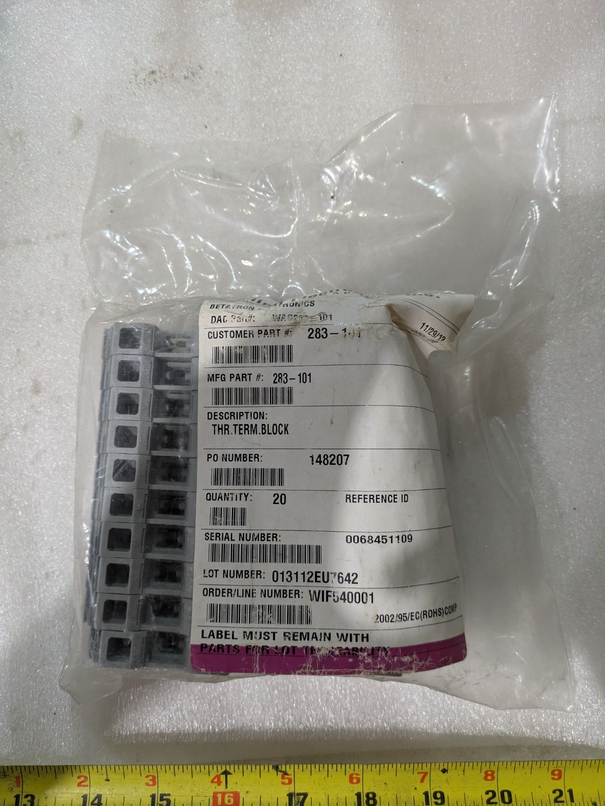 WAGO 283-101 2-Conductor Through Terminal Block 16mm2 Gray DIN Rail Lot of 20