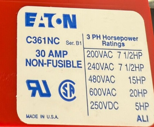 Eaton Culter Hammer C361NC Disconnect Switch,Non-fusible,30A,3 Phase, #2-14 AWG
