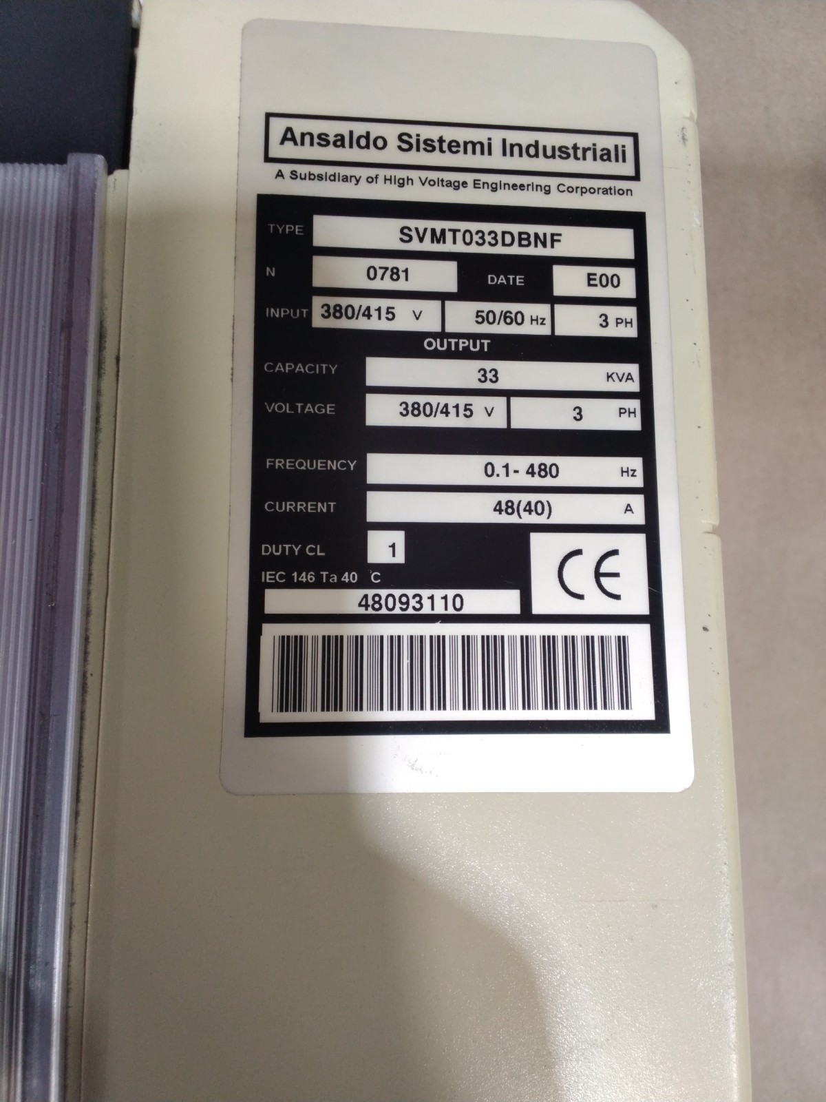 ANSALDO Sistemi Industrial SVMT033DBNF 380/415V 33KVA DRIVE 3PH 380/415 50/60HZ