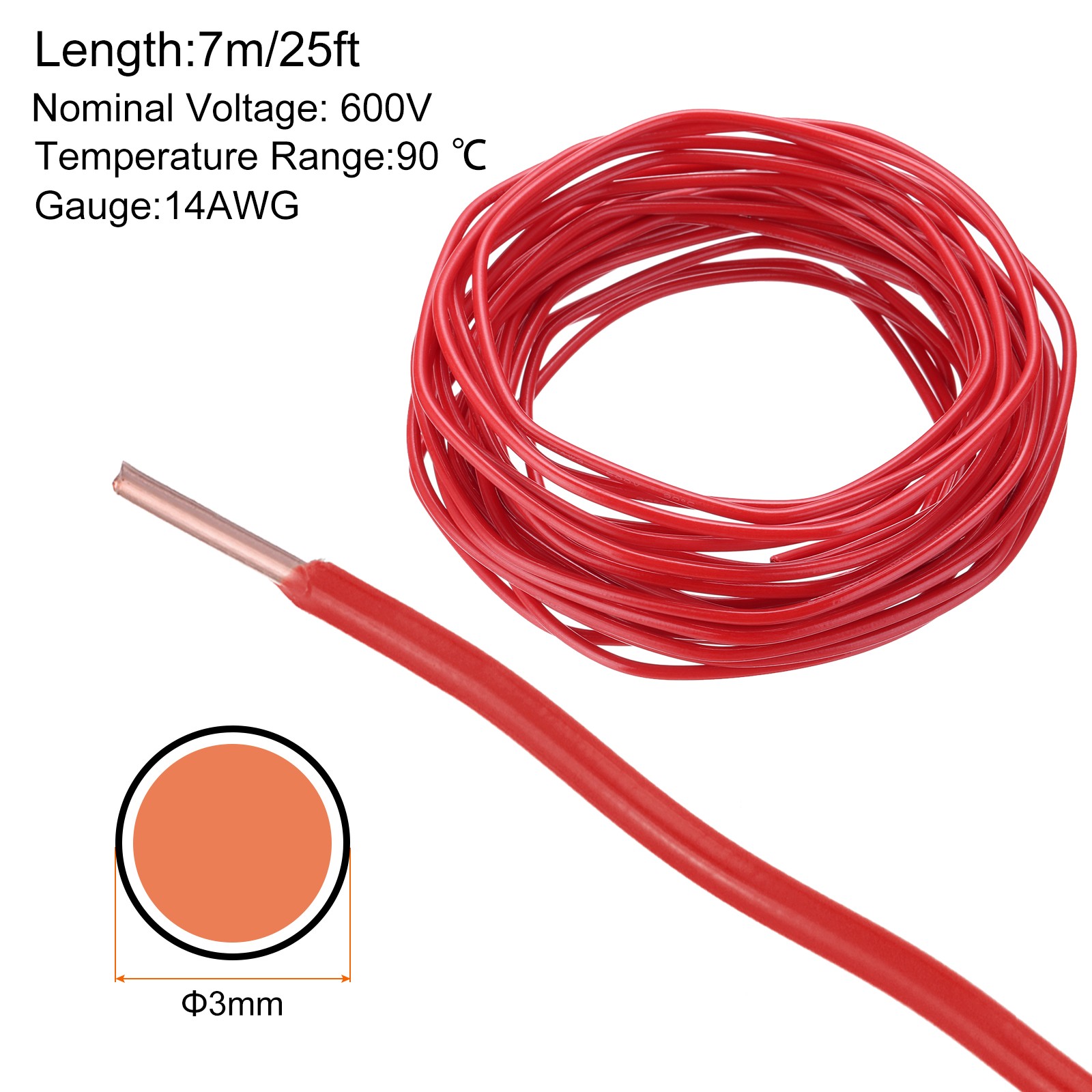 25 Feet Electrical Wire Insulated Solid Copper 14 AWG THHN Wire UL listed,Red