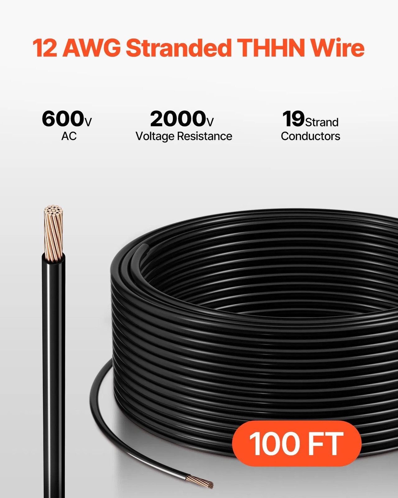 12 AWG THHN Wire, 19-Stranded, 100% OFC Copper Electrical Building Wire with Nyl