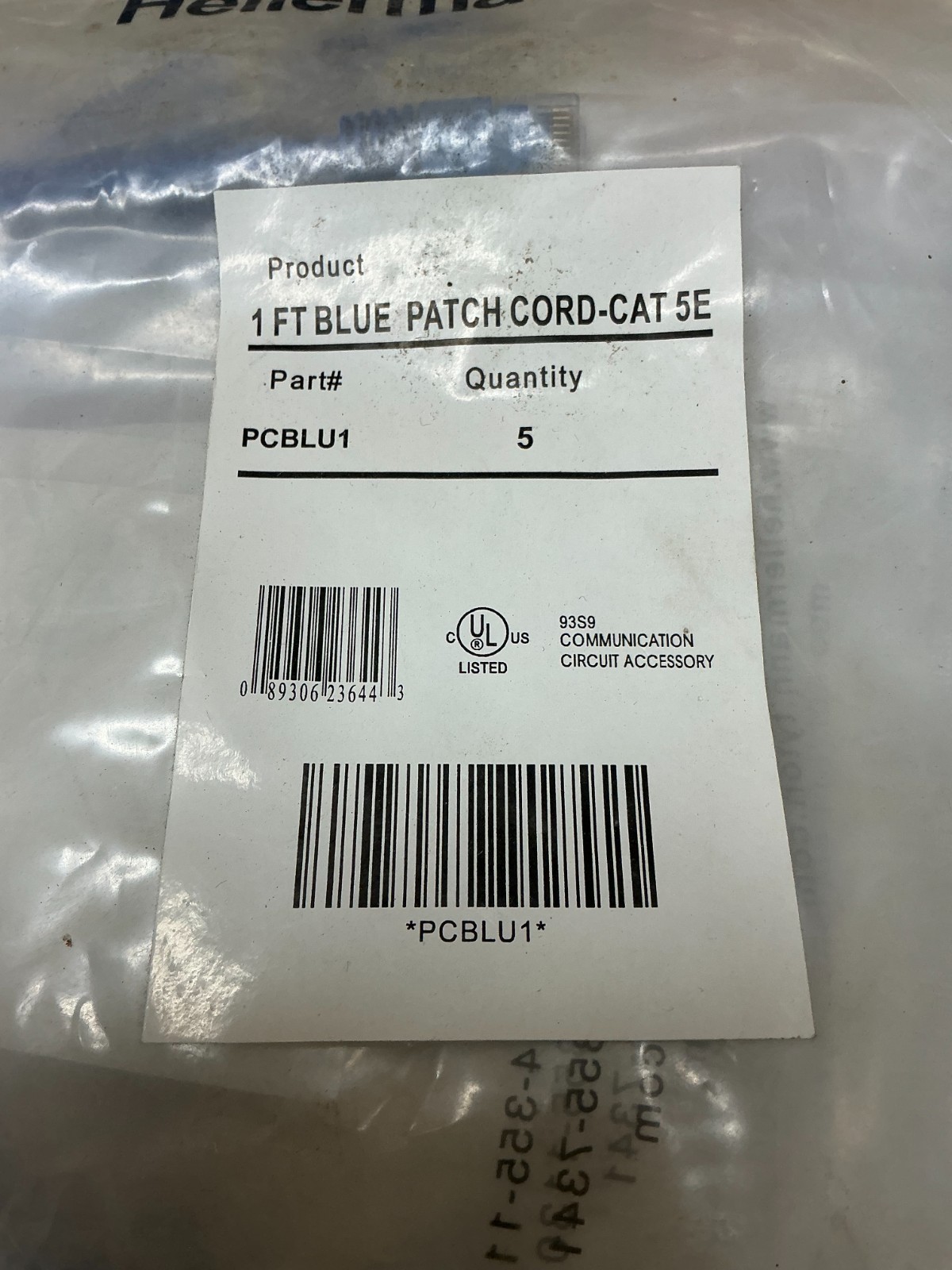 *FREE SHIPPING* Hellermann Tytion PCBLU1 Blue Patch Cord 1ft Cat 5E (5pcs.) -NEW
