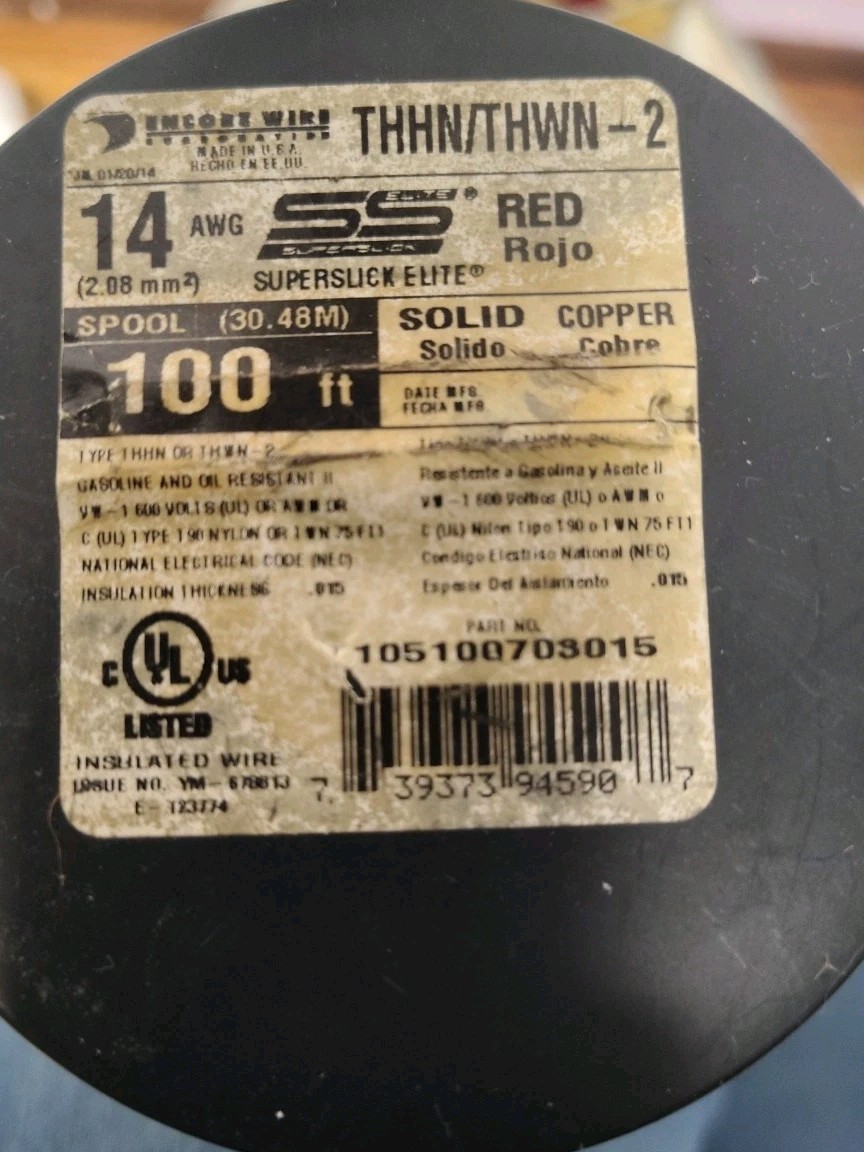 [1] Southwire THHN 14 Gauge Solid Wire, 100′ per Roll, Red