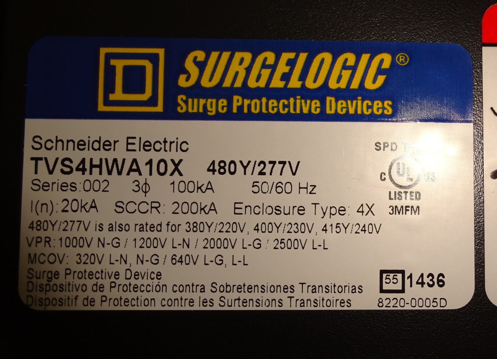 Square D TVS4HWA10X Surge Protector Device 480Y/277VAC 3 Phase NEW