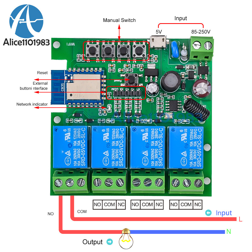 Smart Wifi Switch Relay Module AC 85-220V 4 Channels for Tuya Alexa Google Home