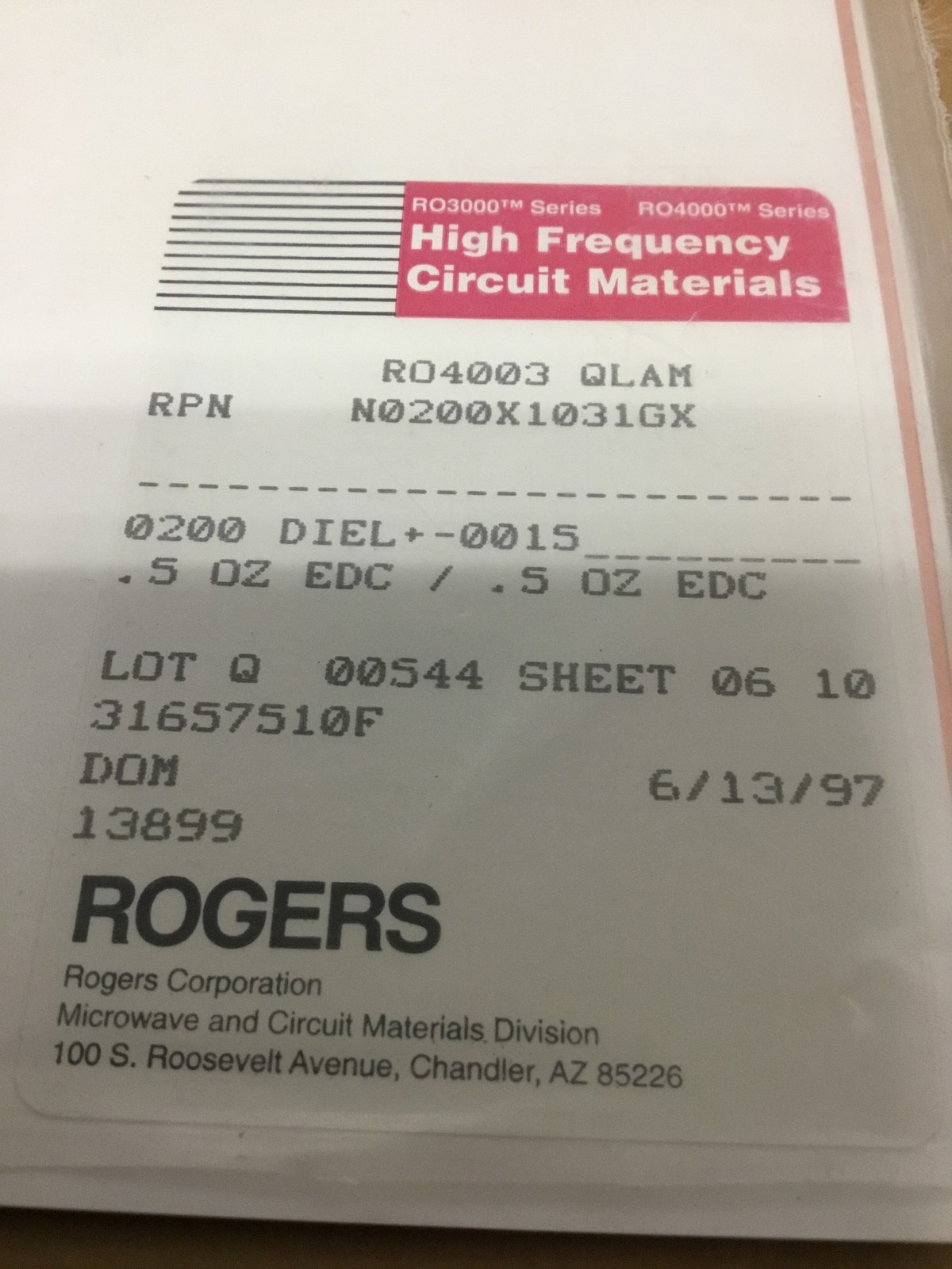 Lot of 2 NEW Rogers QLAM High Frequency Circuit Material Sheets 12×9″ RF PCB