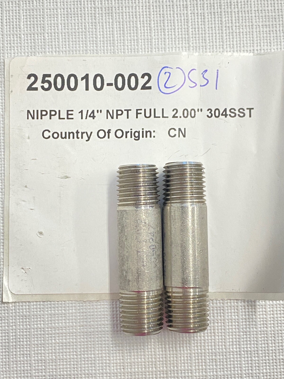 (2/Pk) DriSteem Replacement 1/4” NPT Stainless Steel Nipple 2” 250010-002