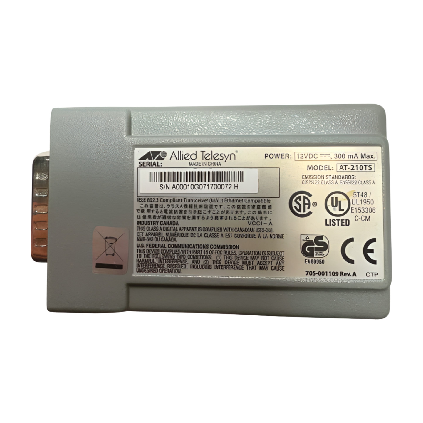 CentreCom Allied Telesyn 210TS Twisted Pair Transreceiver 12VDC, 300mA, AT-210TS