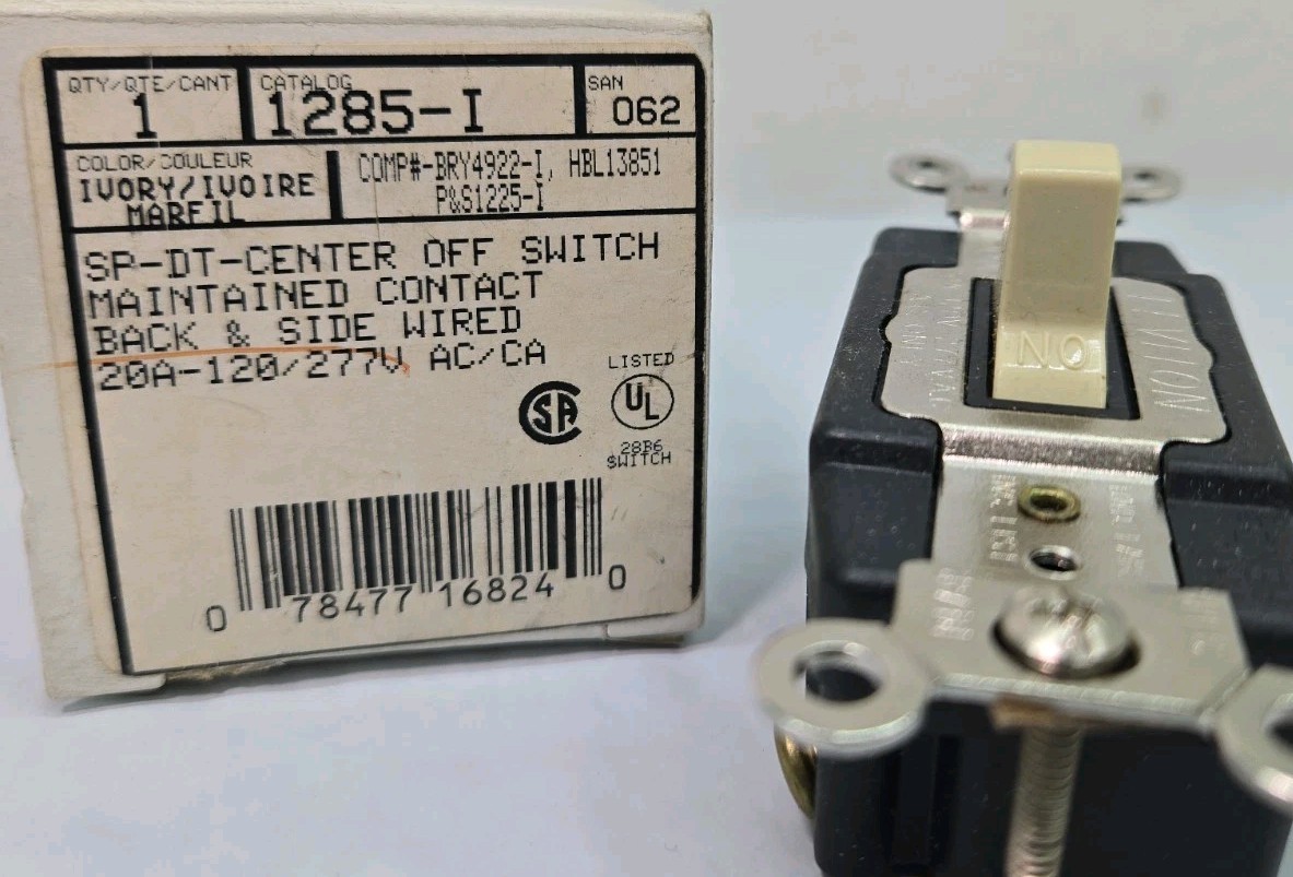 LEVITON 1285-I Switch Ivory ON-OFF-ON 3 Positions, 20A SPDT Center Off