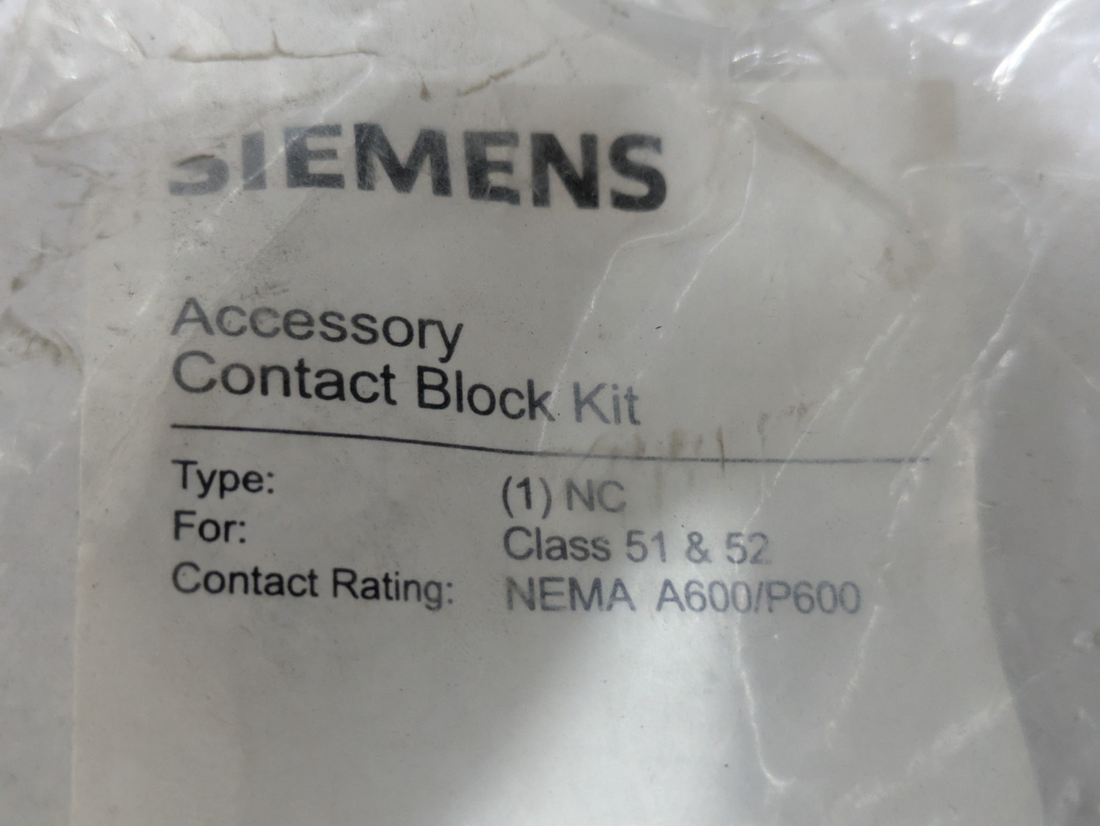 SIEMENS ACCESSORY CONTACT BLOCK KIT TYPE NC 52BAJ