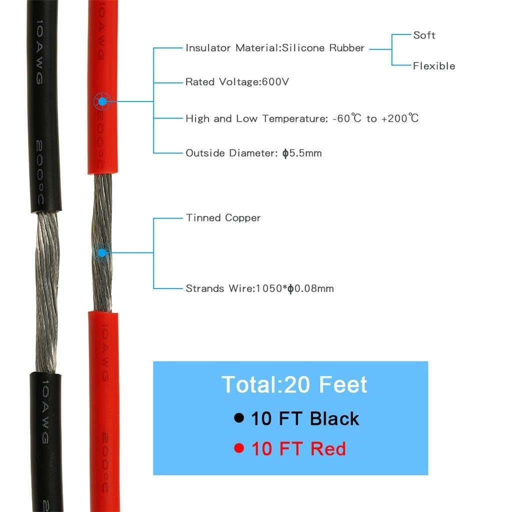 10 Gauge Silicone Wire 10 ft red and 10 ft Black Flexible 10 AWG Stranded Tin…