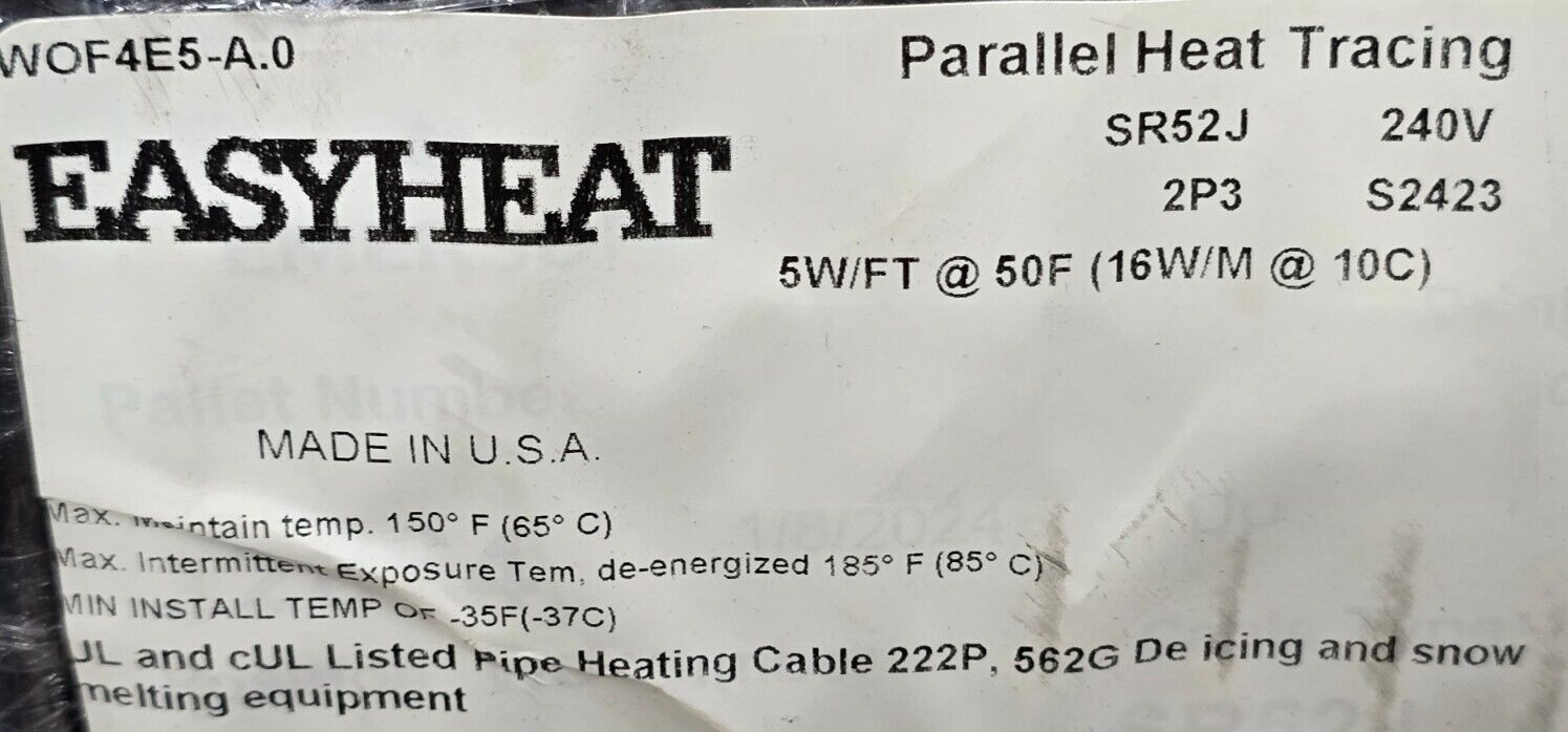 EasyHeat SR52J Self-Regulating Pipe/Freeze Heating Cable 5 Watts/Ft 240V /10ft