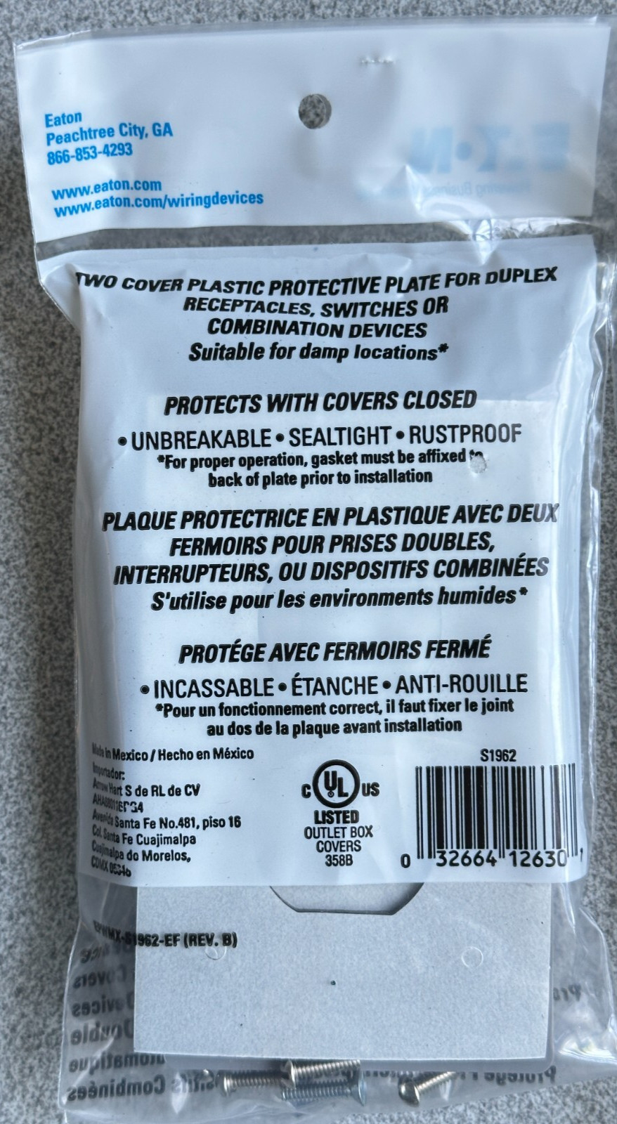 NEW EATON S1962 Non-Metallic Plastic Duplex Double Receptacle Cover, Gray