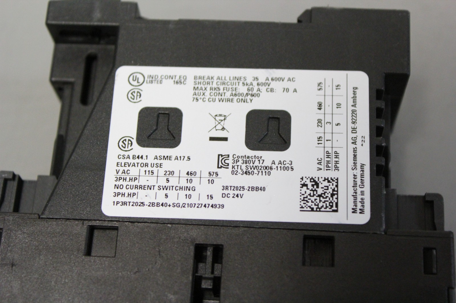 SIEMENS SIRIUS 3RT2025-2BB40 CONTACTOR