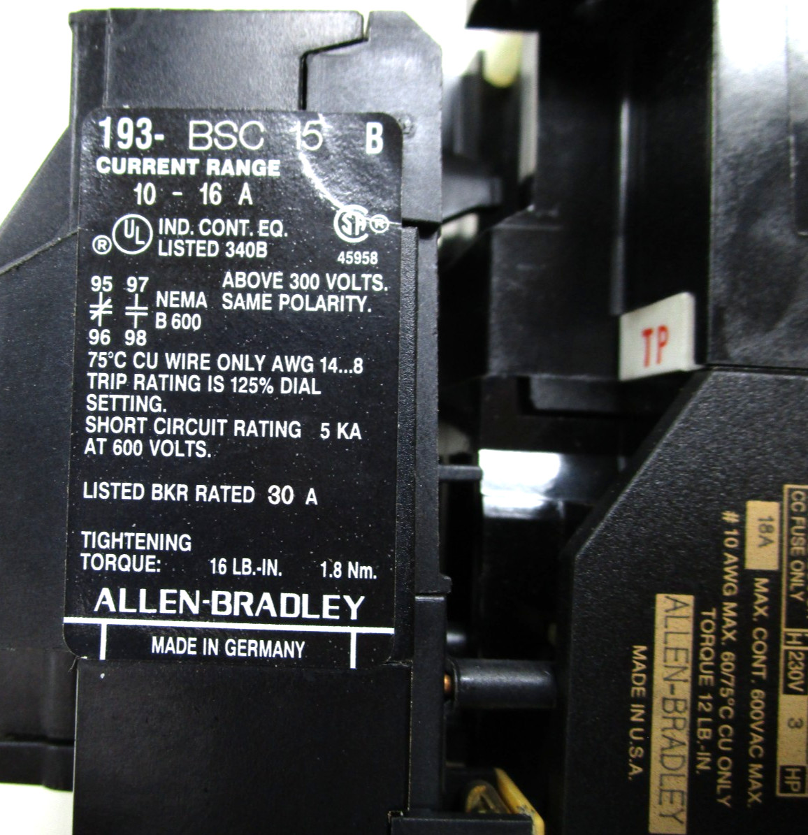 Allen-Bradley 100-A18ND3 Contactor with 193-BSC15 Overload Relay