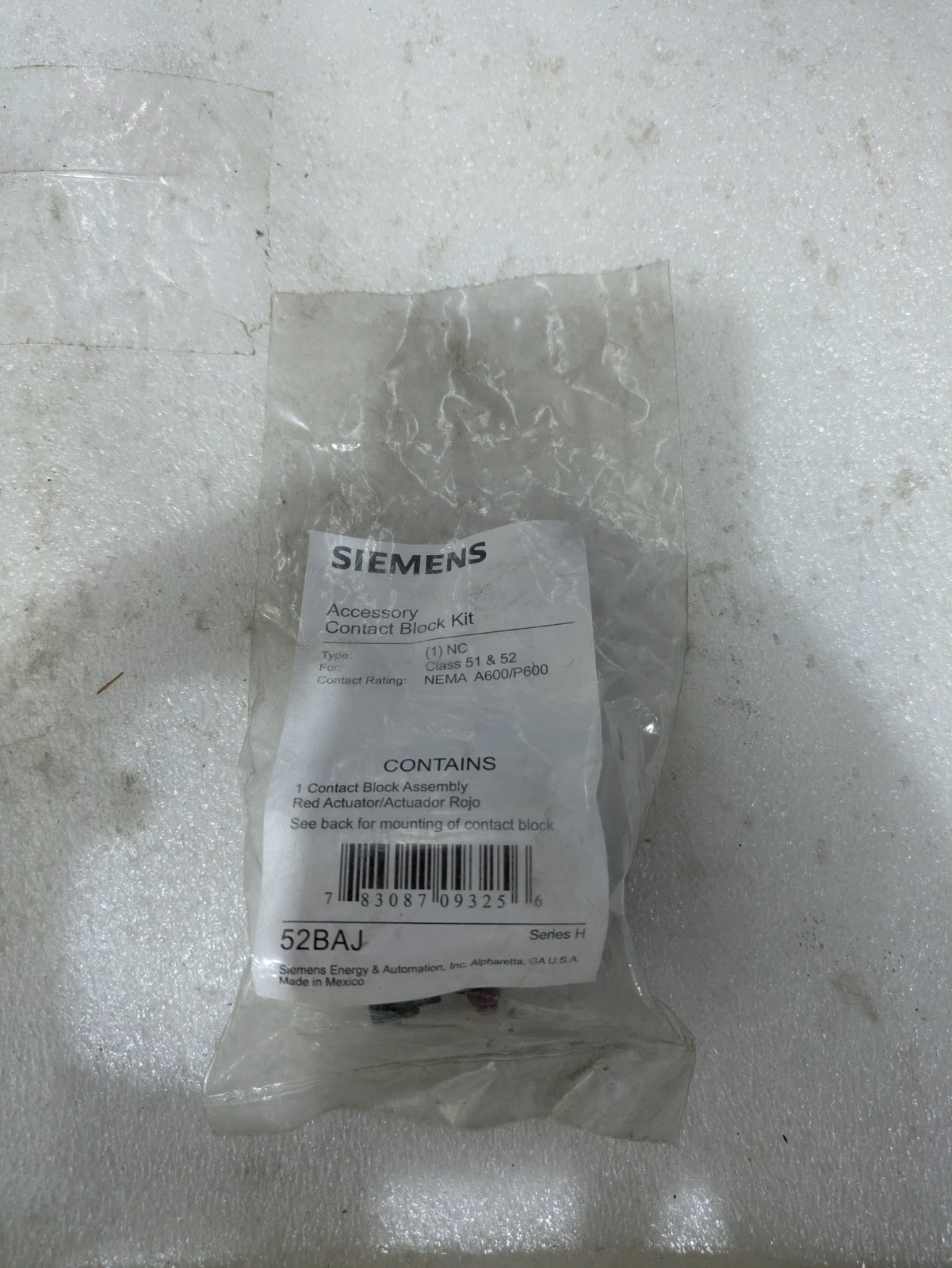 Siemens 52BAJ Contact Block Kit 1NC Red Actuator Class 51 52 NEMA A600 P600