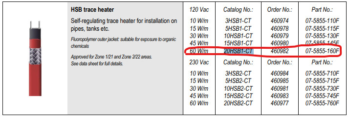 Bartec 20HSB1-CT, 20 W/ft, 120 VAC Self Reg Heat Trace w/ Fluropolymer Jacket