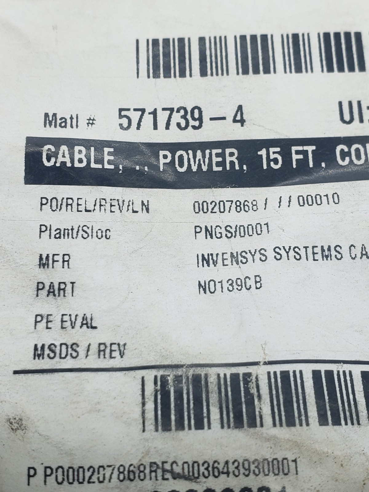 FOXBORO N0139CB POWER CABLE 15ft LONG 90c, NIB