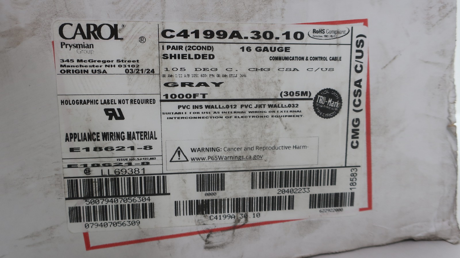 Carol C4199A.30.10 Gray Wire 2c 16awg 1000ft