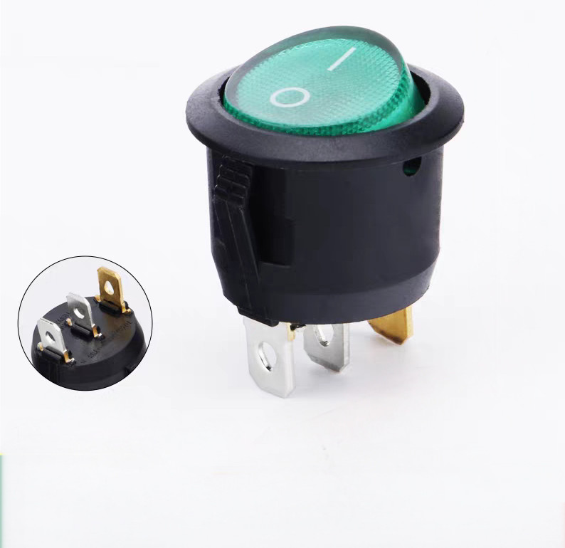 1PCS NEW SPST 3 Pin ON/OFF Round Rocker Switch w/Green Neon Lamp