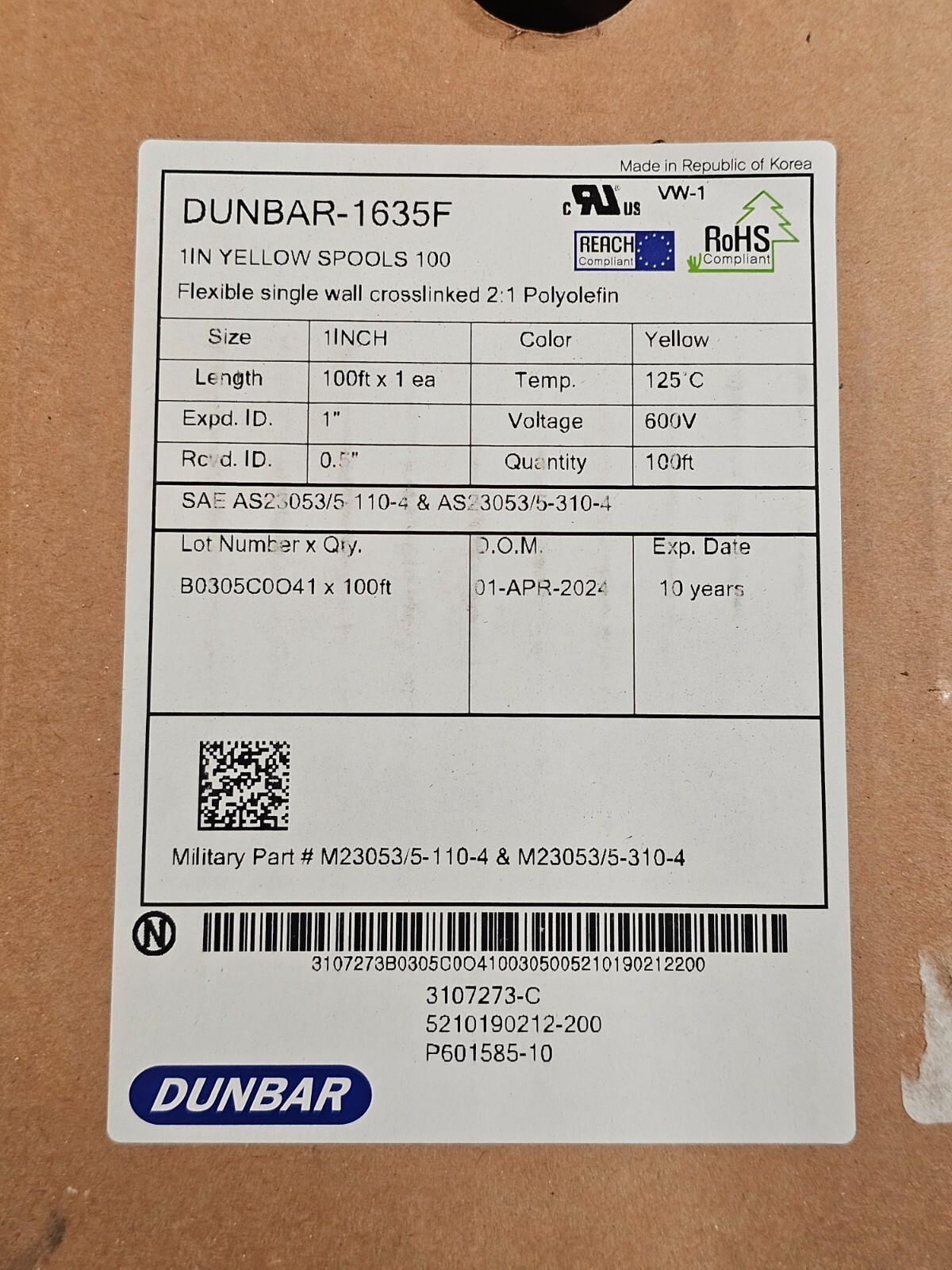 Dunbar M23053/5-110-4 1635F 100FT Polyolefin Single Wall Flexible Heat Shrink 1″
