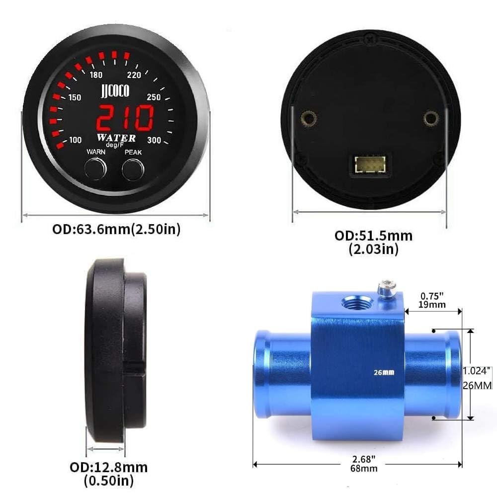 Universal 52mm Water Temp Gauge With Alarm & Joint Pipe Radiator Sensor Adaptor