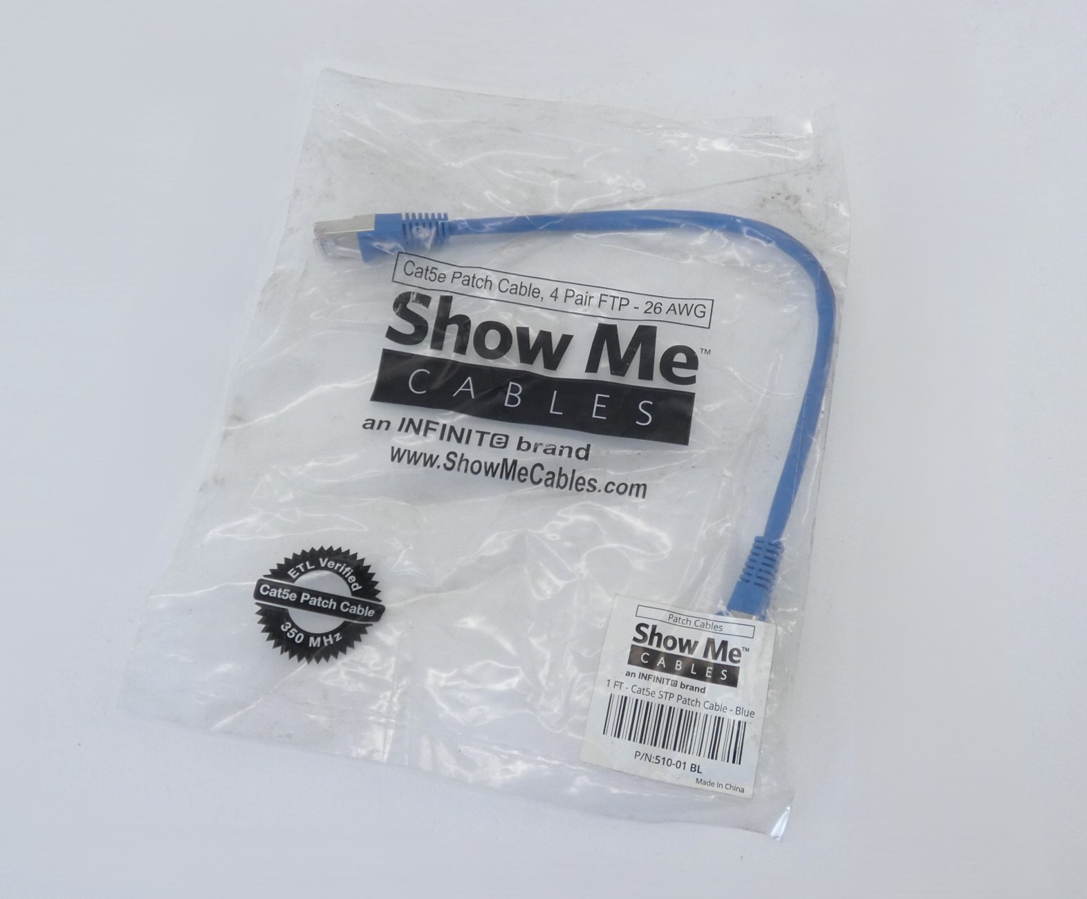 Show Me Cables 510-01 BL Blue Cat5e STP Patch Cable 1′ – NEW Surplus!