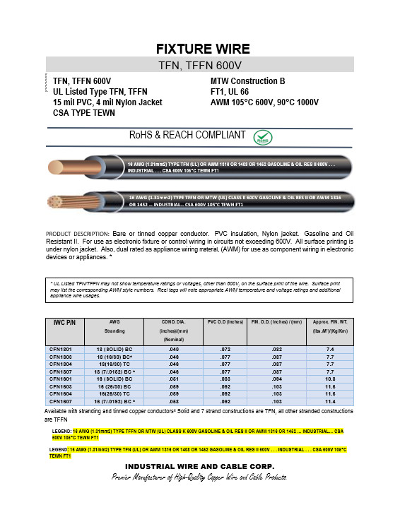 500 FT TFFN/TEWN WIRE. 16 AWG STRANDED 600 VOLT. MADE IN USA. 6 COLOR OPTIONS!