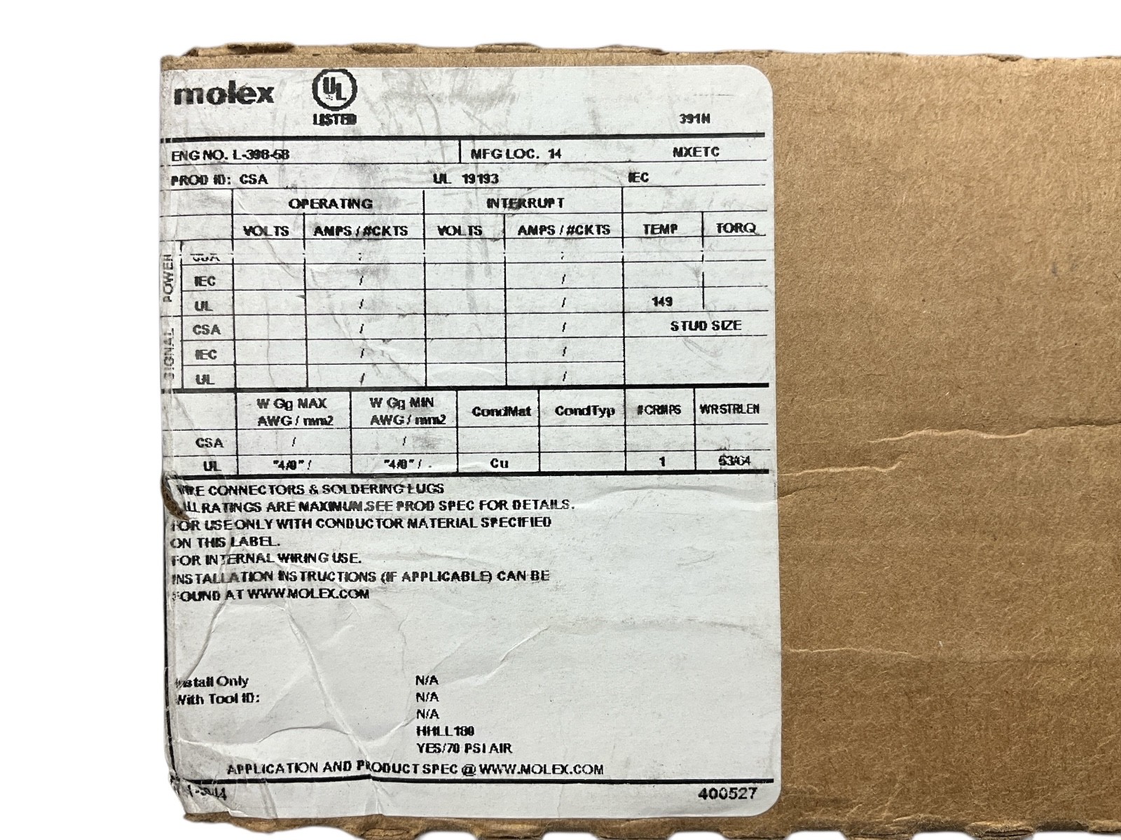 Molex 0191930383 Ring Terminal Lug VersaKrimp L-398-58 4/0 AWG Copper (Lot of 25