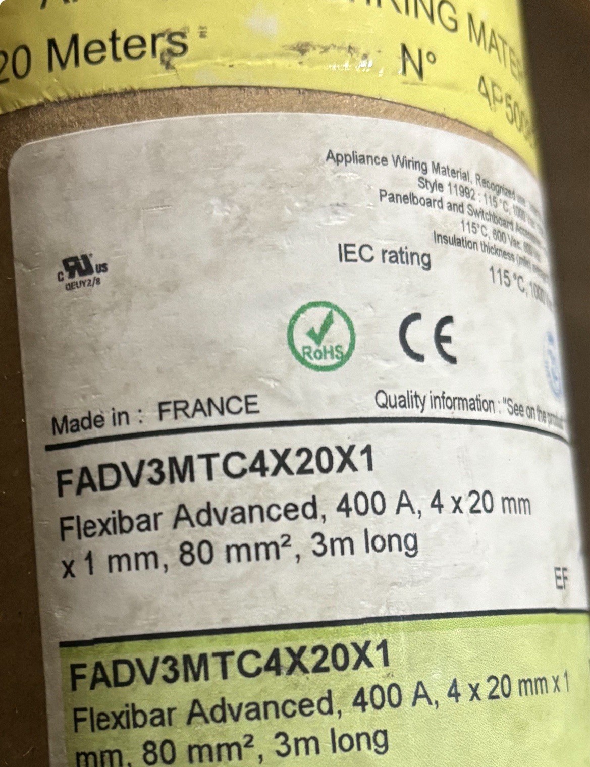 FADV3MTC4X20X1Flexibar Advanced, 400 A, 4 x20 mm x 1 mm, 80 mm, 3m long (10’long